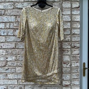 Ieena for Mac Duggal Silver and Gold Sequin Short Sleeve Shift Dress